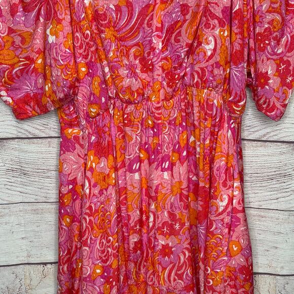 Ted Baker Pink Beth Floral Spring Square Neck Puff Sleeve Faux Wrap Mini Dress 4 - Picture 5 of 14